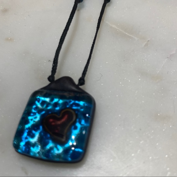 Artisan handmade blue square glass medallion cord leather necklace - Picture 4 of 10